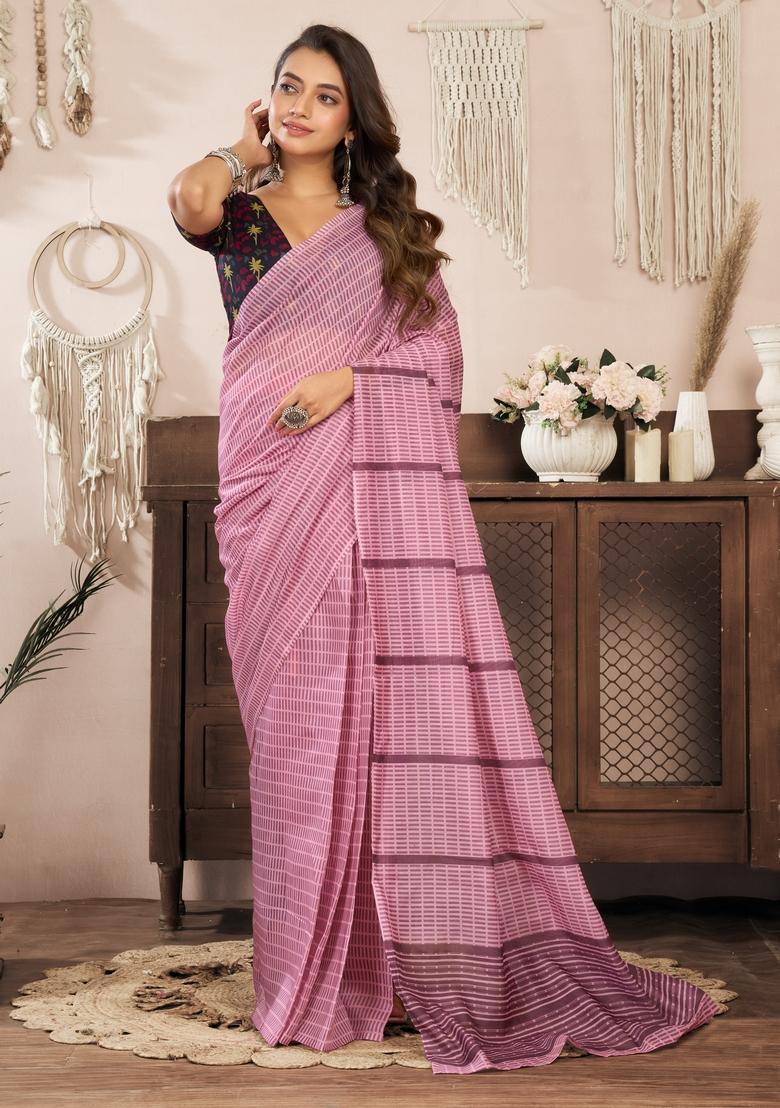 Pink Printed Linen Saree Set - Indya