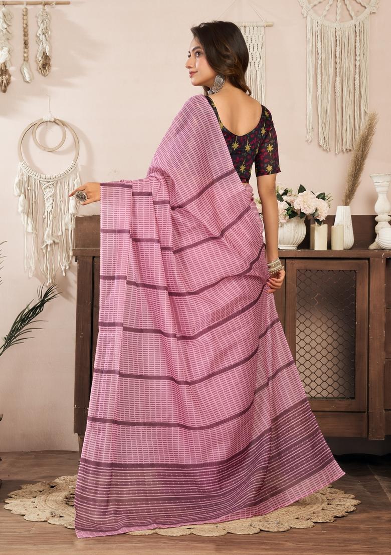 Pink Printed Linen Saree Set - Indya