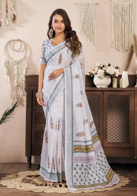White Printed Linen Saree Set