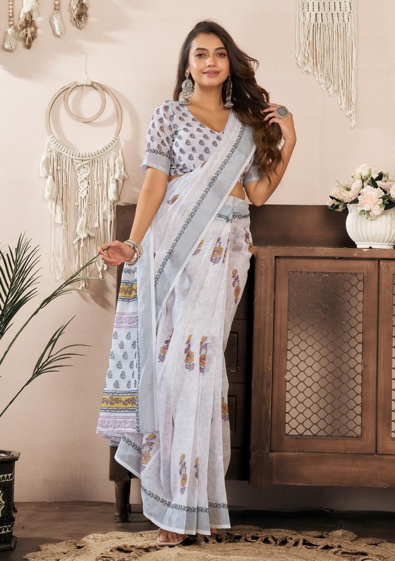 White Printed Linen Saree Set - Indya