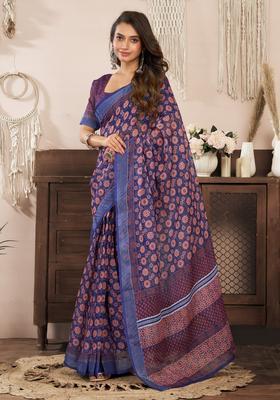 Blue Printed Linen Saree Set