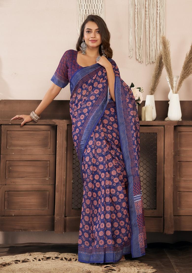 Blue Printed Linen Saree Set - Indya