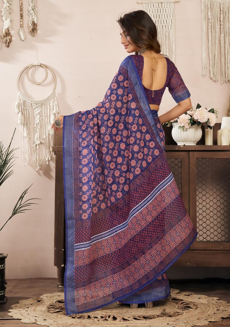 Blue Printed Linen Saree Set - Indya