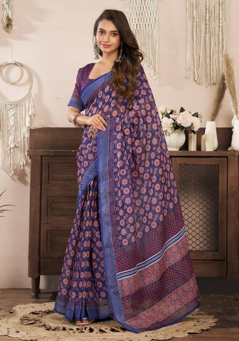 Blue Printed Linen Saree Set