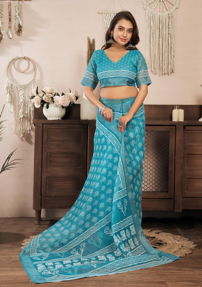 Sky Blue Printed Linen Saree Set - Indya