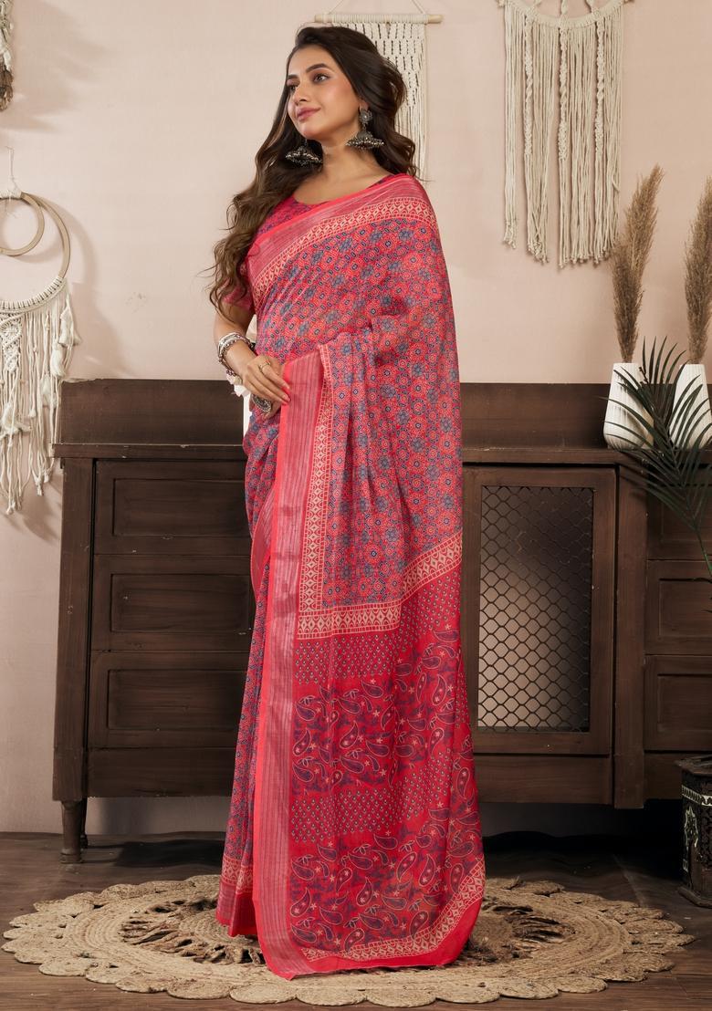 Pink Printed Linen Saree Set - Indya