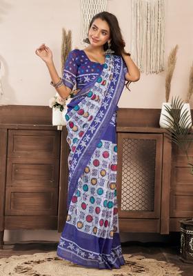 White Printed Linen Saree Set