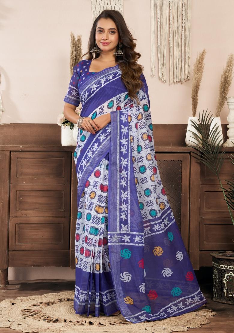White Printed Linen Saree Set - Indya