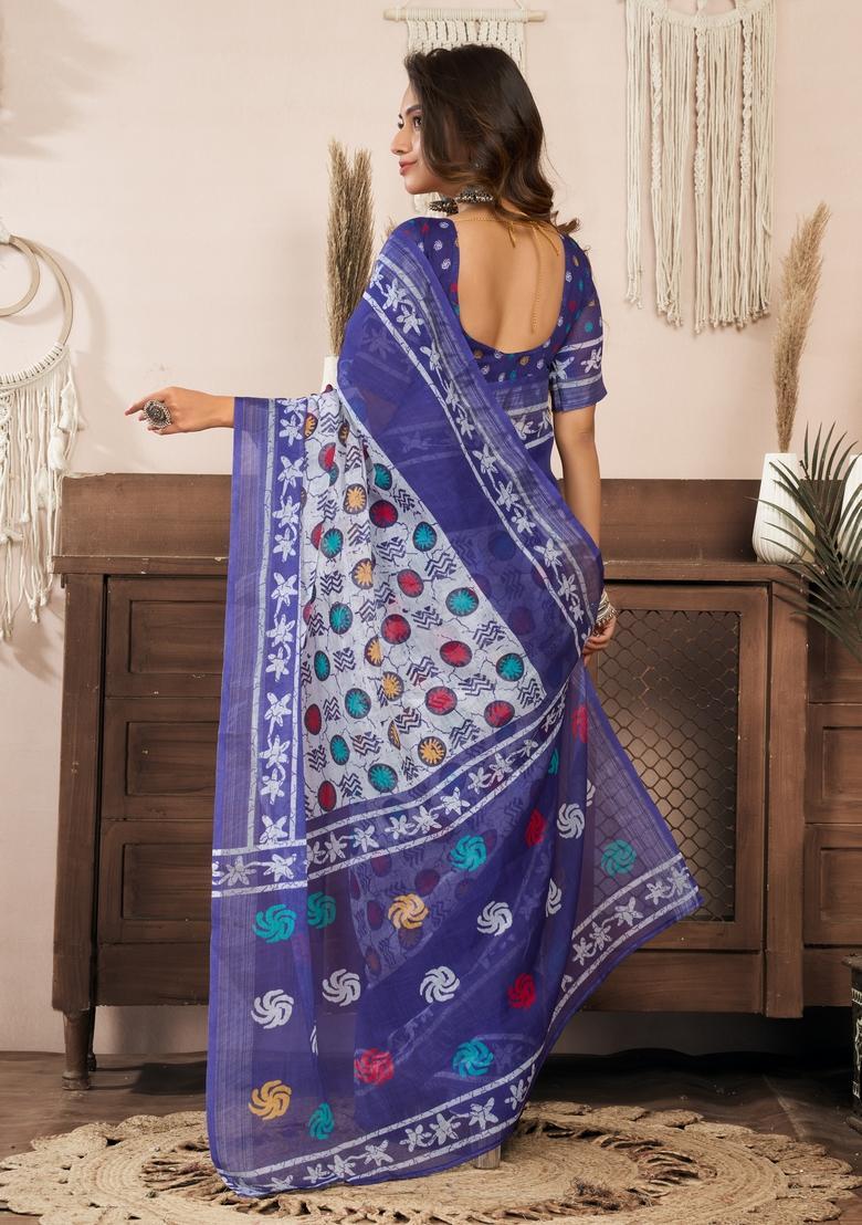 White Printed Linen Saree Set - Indya