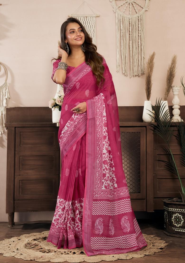 Pink Printed Linen Saree Set - Indya