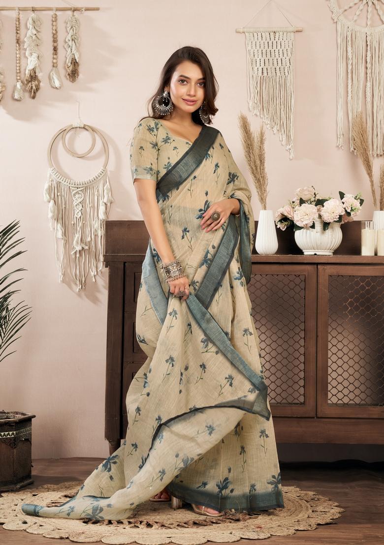 Cream Printed Linen Saree Set - Indya