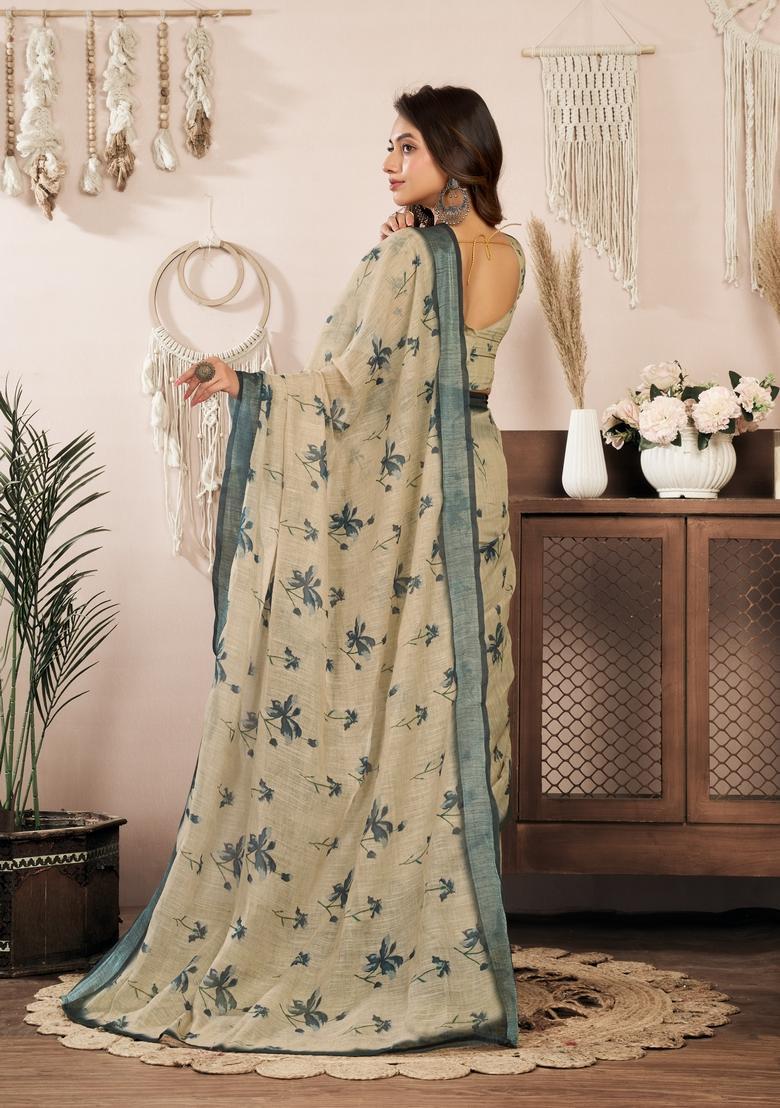 Cream Printed Linen Saree Set - Indya