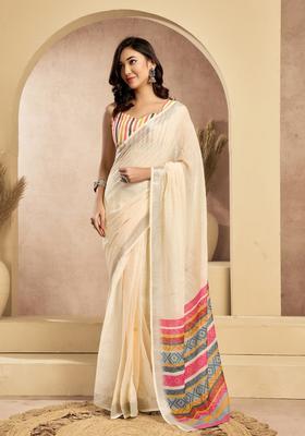 Cream Printed Linen Saree Set