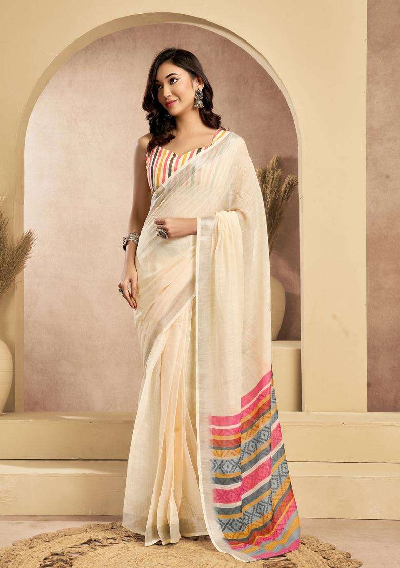 Cream Printed Linen Saree Set - Indya