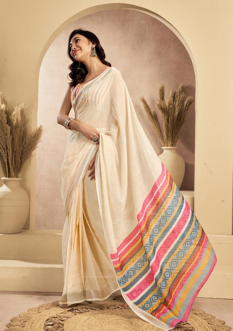Cream Printed Linen Saree Set - Indya