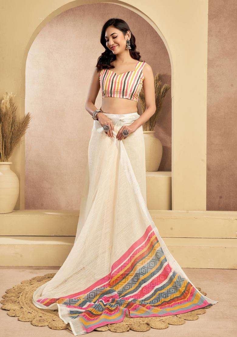 Cream Printed Linen Saree Set - Indya