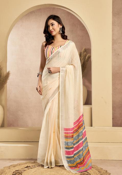 Cream Printed Linen Saree Set