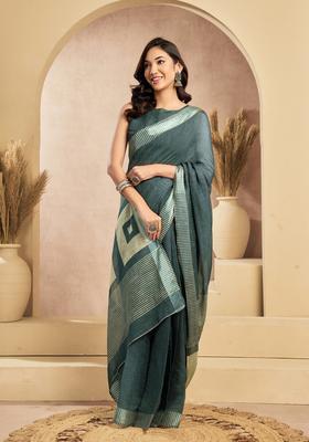 Teal Printed Linen Saree Set
