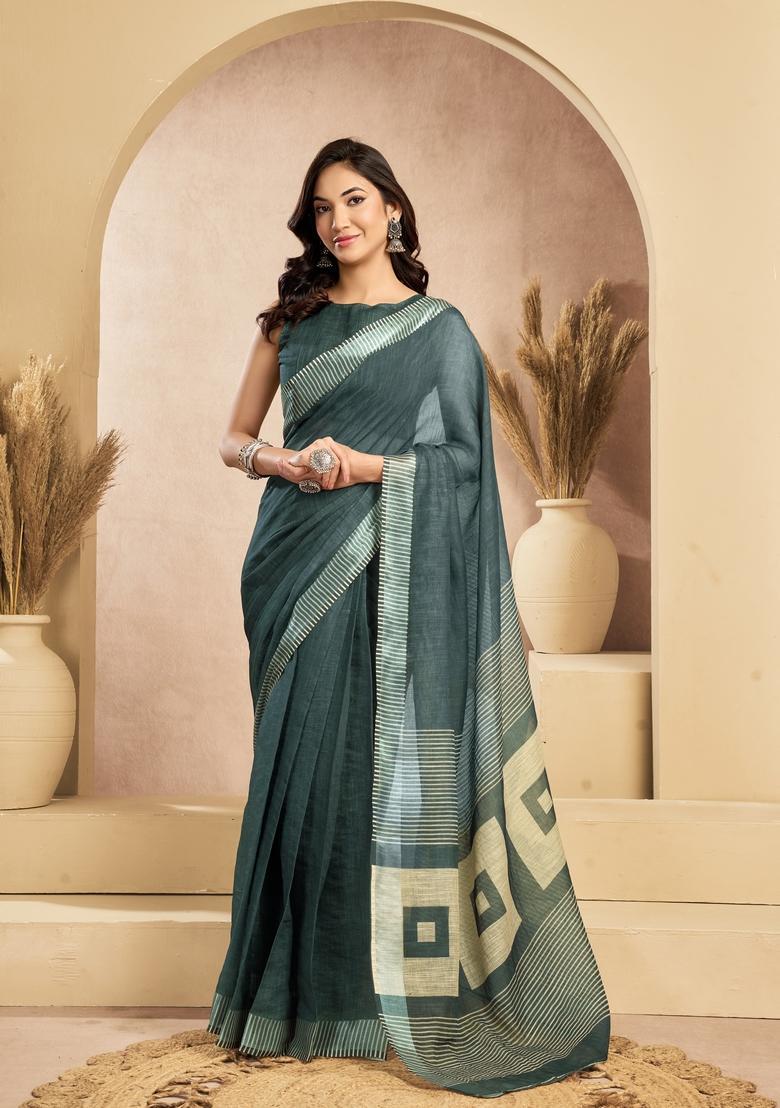 Teal Printed Linen Saree Set - Indya