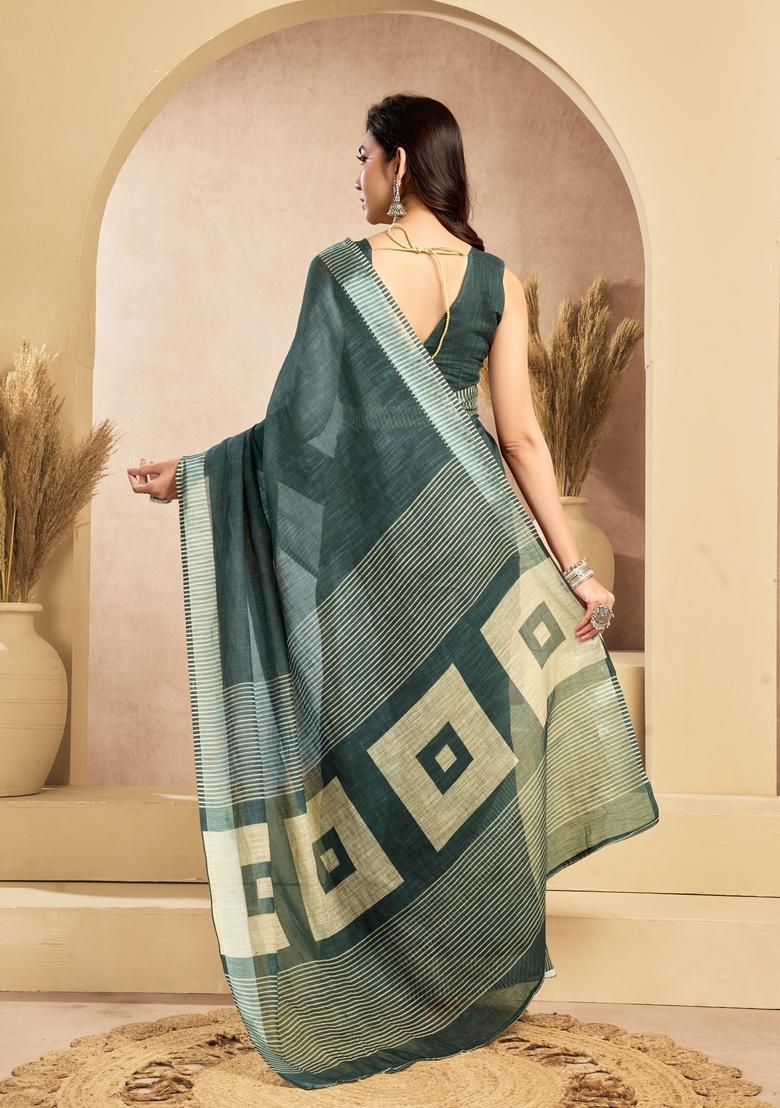 Teal Printed Linen Saree Set - Indya