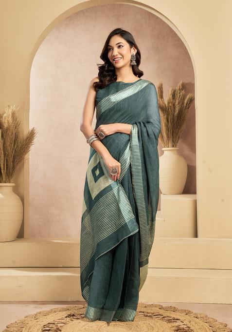 Teal Printed Linen Saree Set