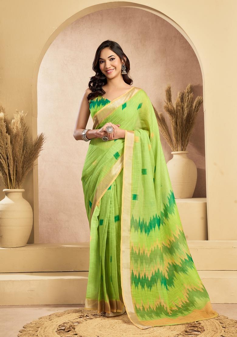 Green Printed Linen Saree Set - Indya