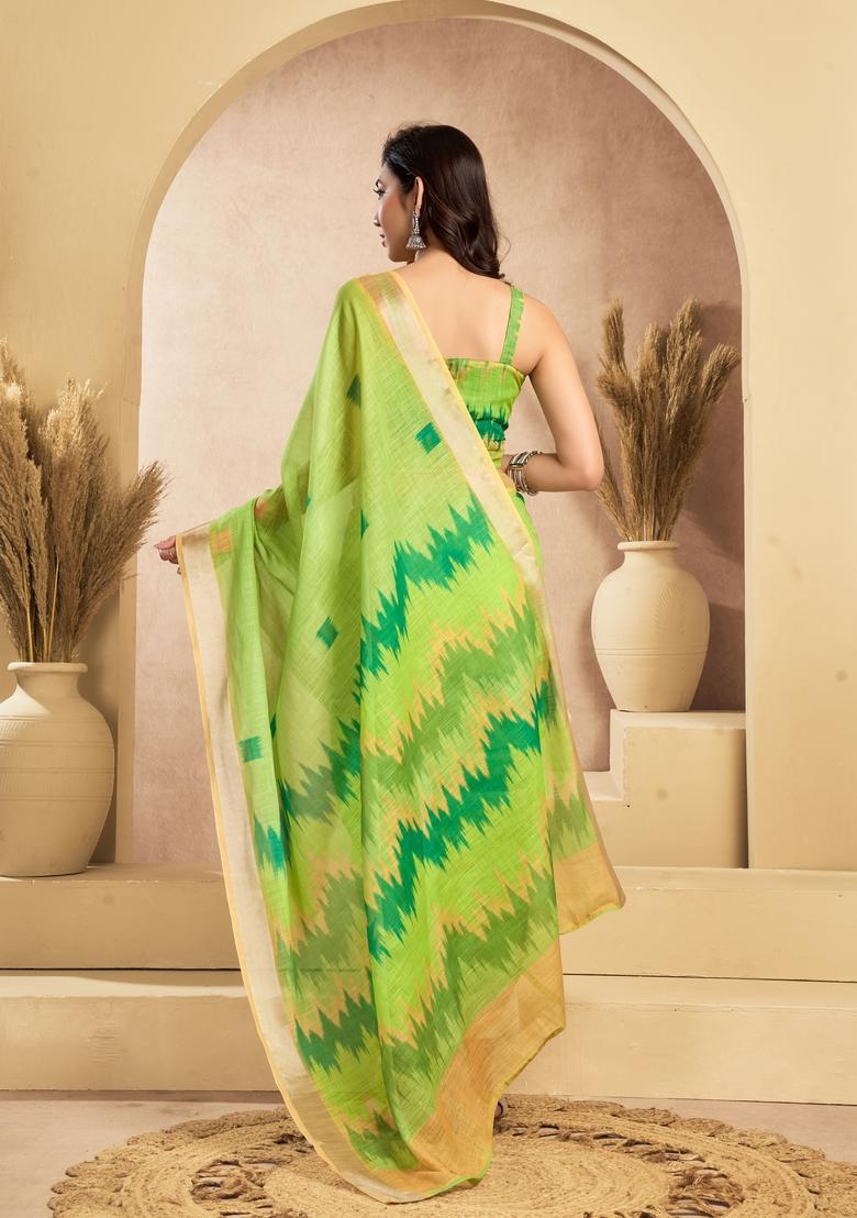 Green Printed Linen Saree Set - Indya