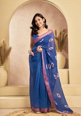 Blue Printed Linen Saree Set