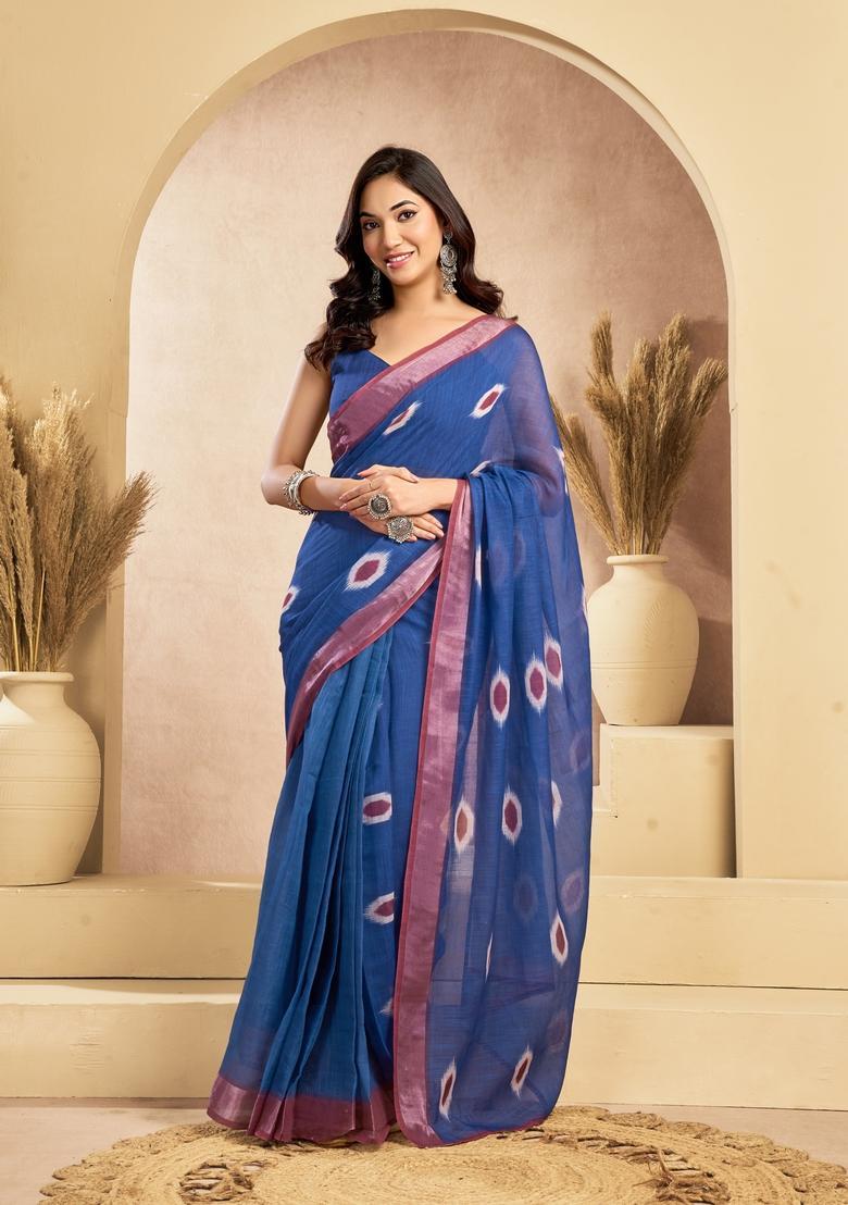 Blue Printed Linen Saree Set - Indya