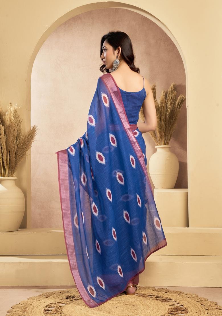 Blue Printed Linen Saree Set - Indya