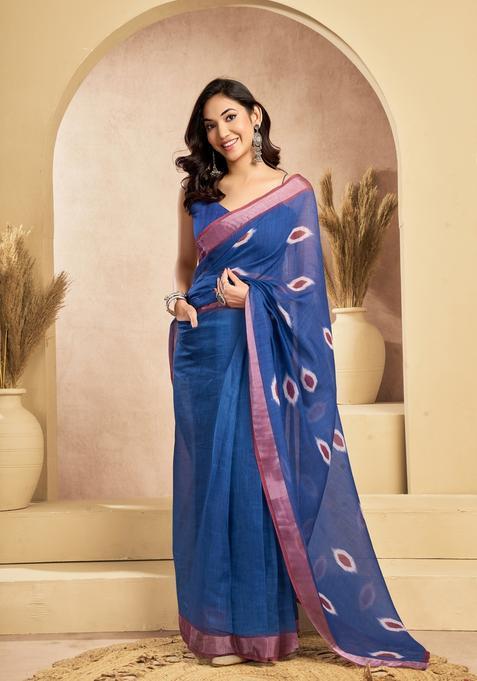 Blue Printed Linen Saree Set