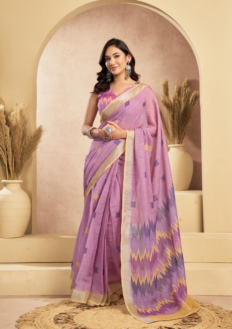 Lavender Printed Linen Saree Set - Indya