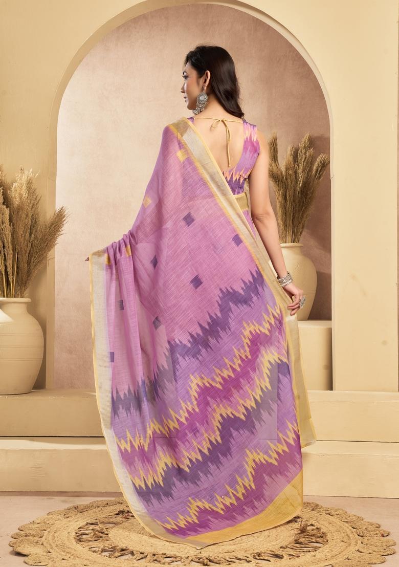 Lavender Printed Linen Saree Set - Indya