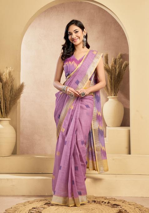 Lavender Printed Linen Saree Set