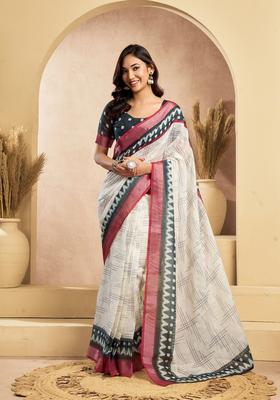 White Printed Linen Saree Set