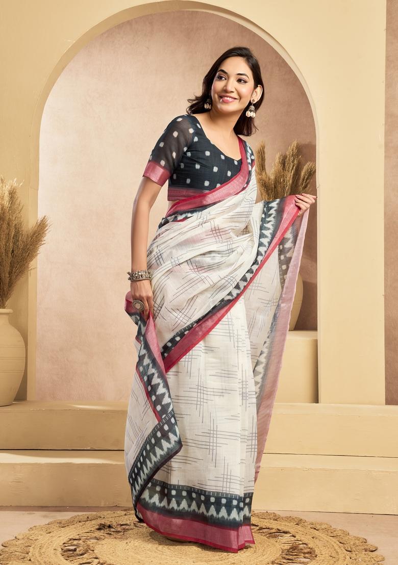 White Printed Linen Saree Set - Indya