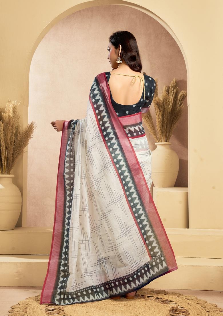 White Printed Linen Saree Set - Indya