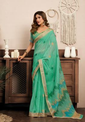 Green Printed Linen Saree Set