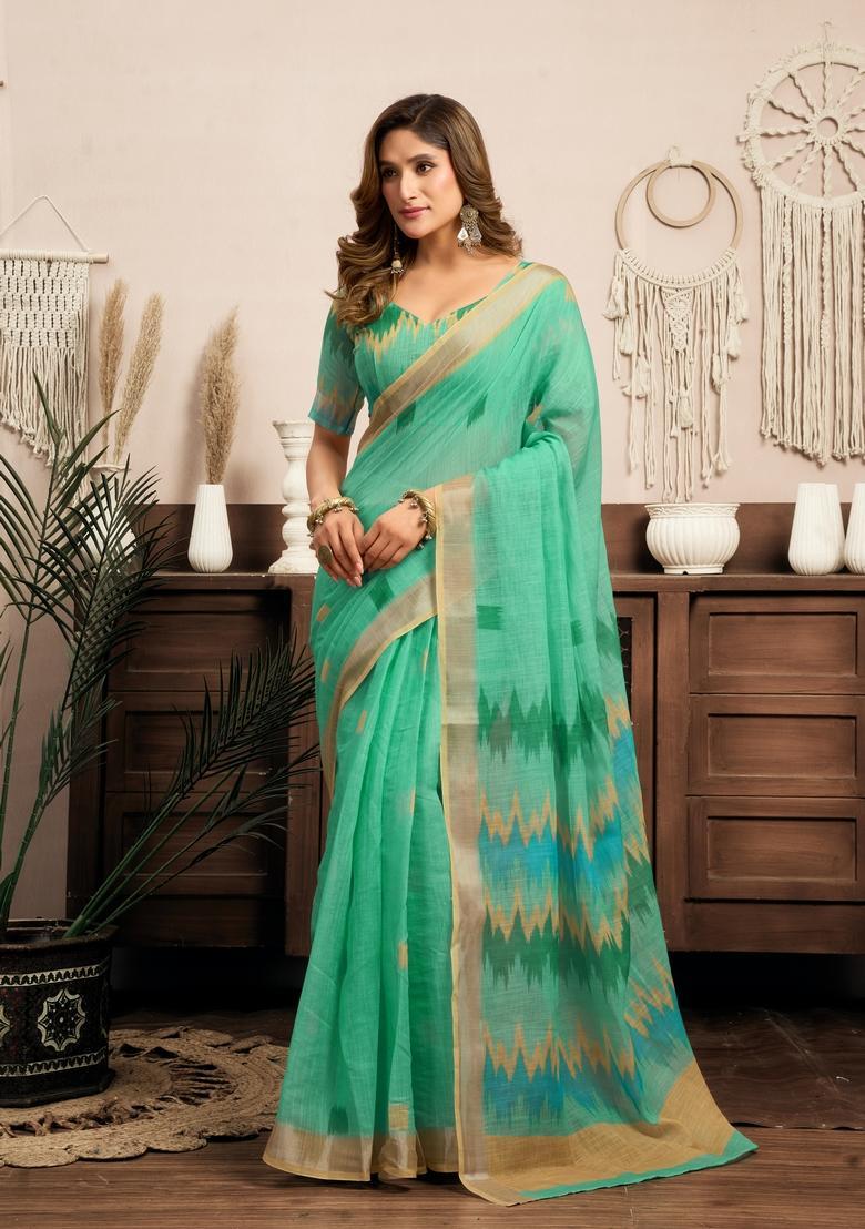 Green Printed Linen Saree Set - Indya