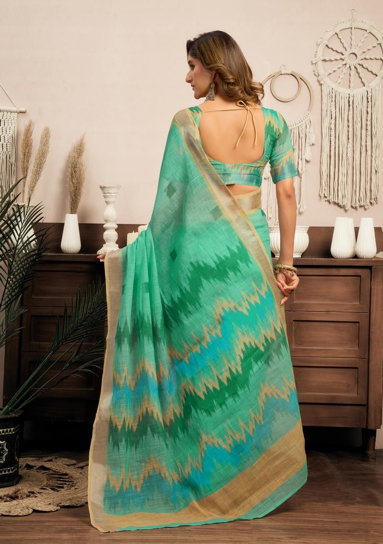 Green Printed Linen Saree Set - Indya
