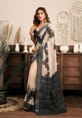 Grey Printed Linen Saree Set