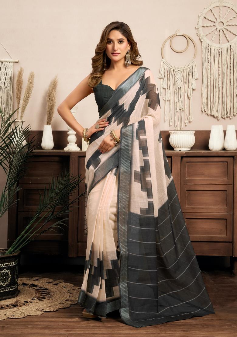 Grey Printed Linen Saree Set - Indya