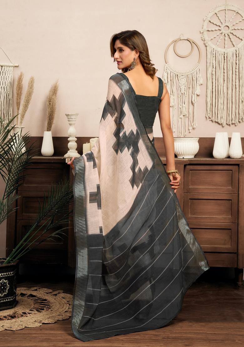 Grey Printed Linen Saree Set - Indya