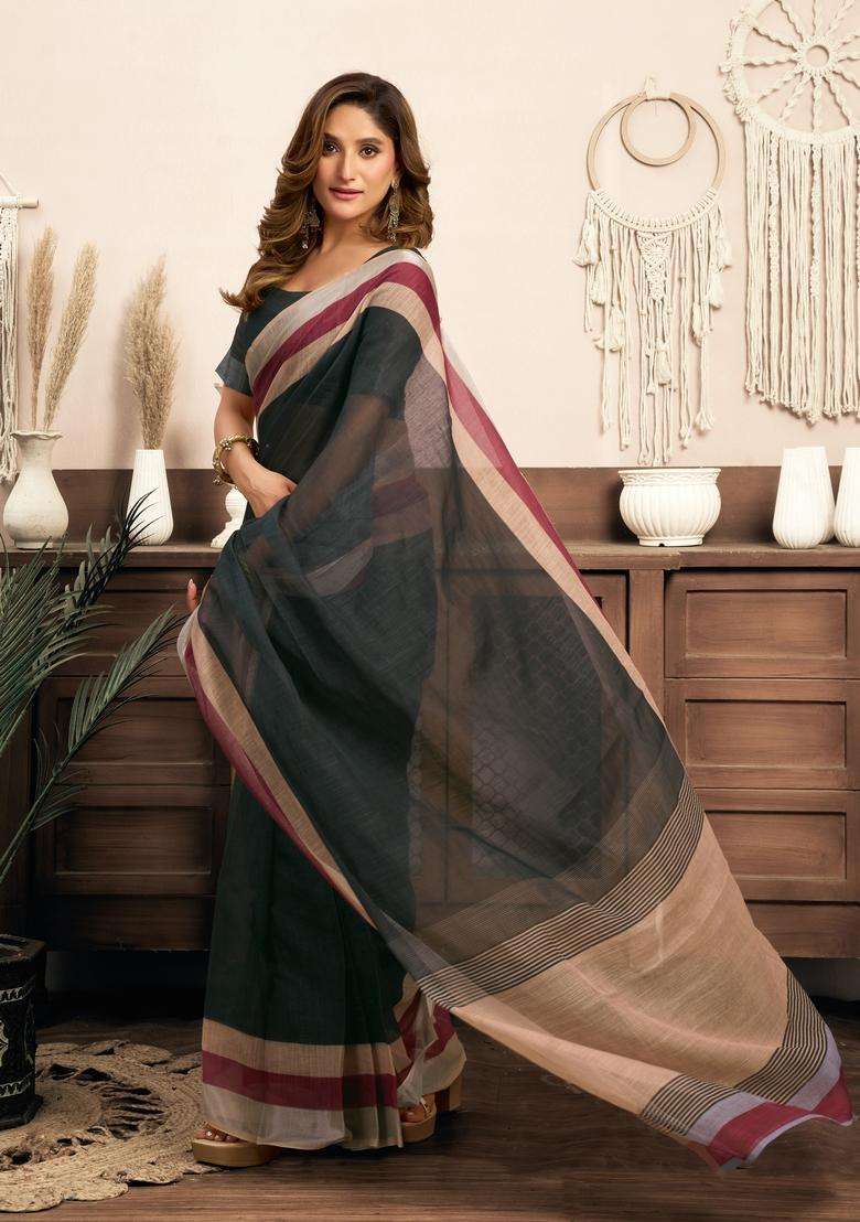 Black Printed Linen Saree Set - Indya