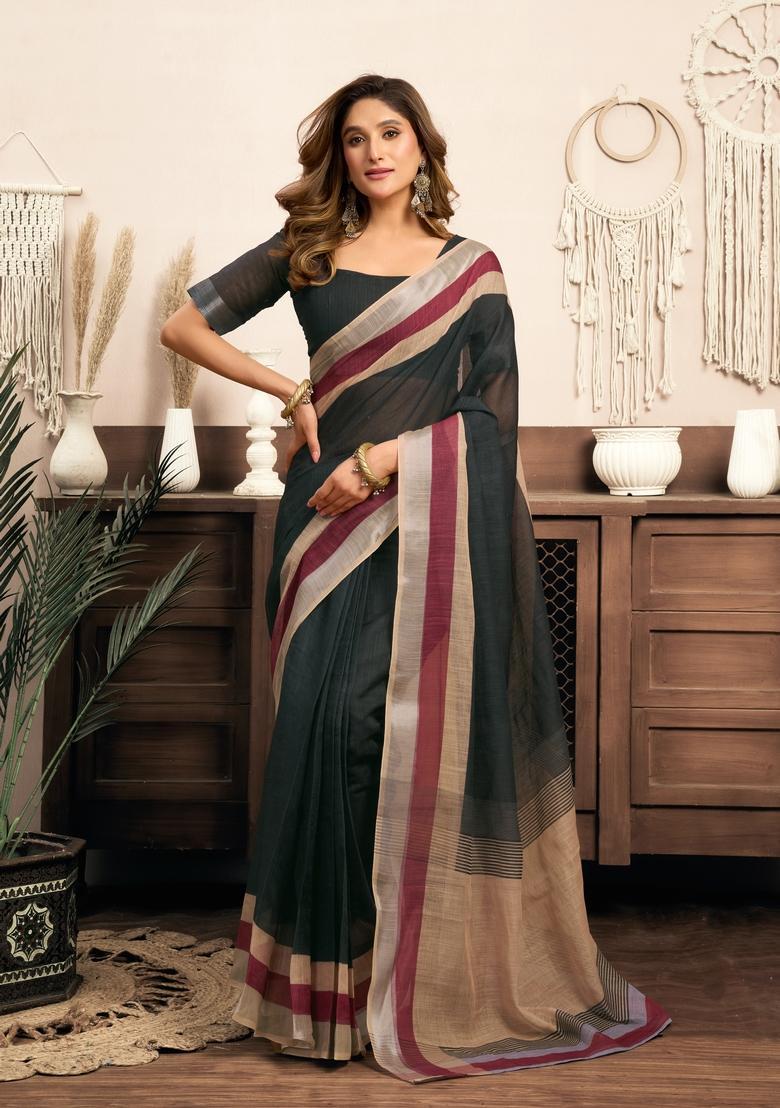 Black Printed Linen Saree Set - Indya