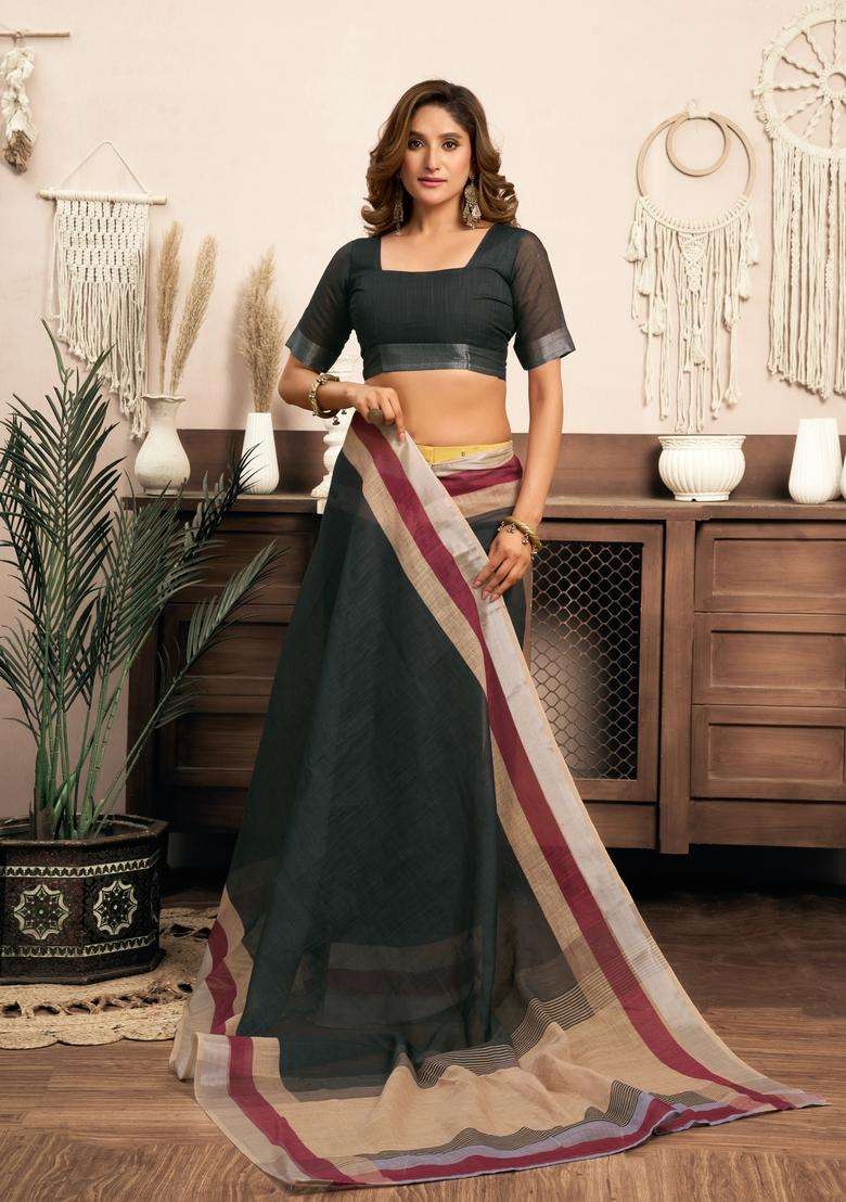 Black Printed Linen Saree Set - Indya
