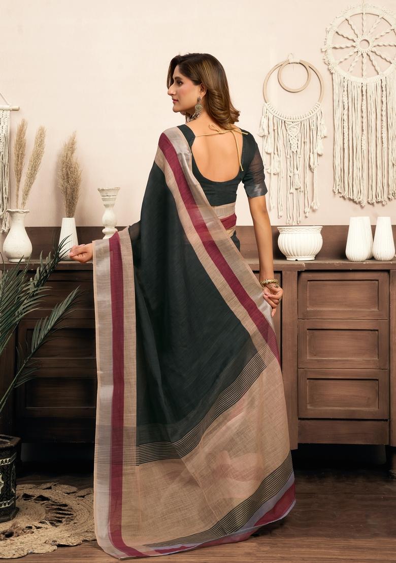 Black Printed Linen Saree Set - Indya