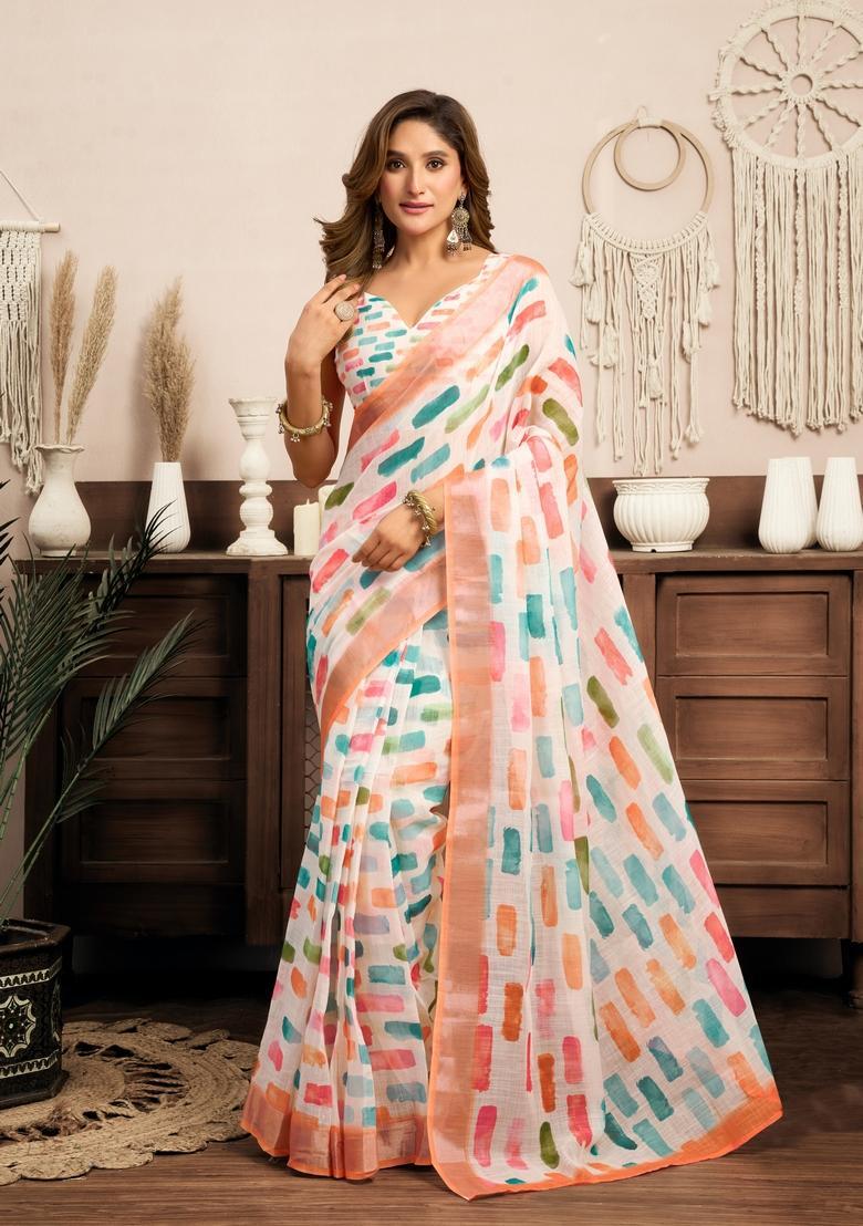 White Printed Linen Saree Set - Indya