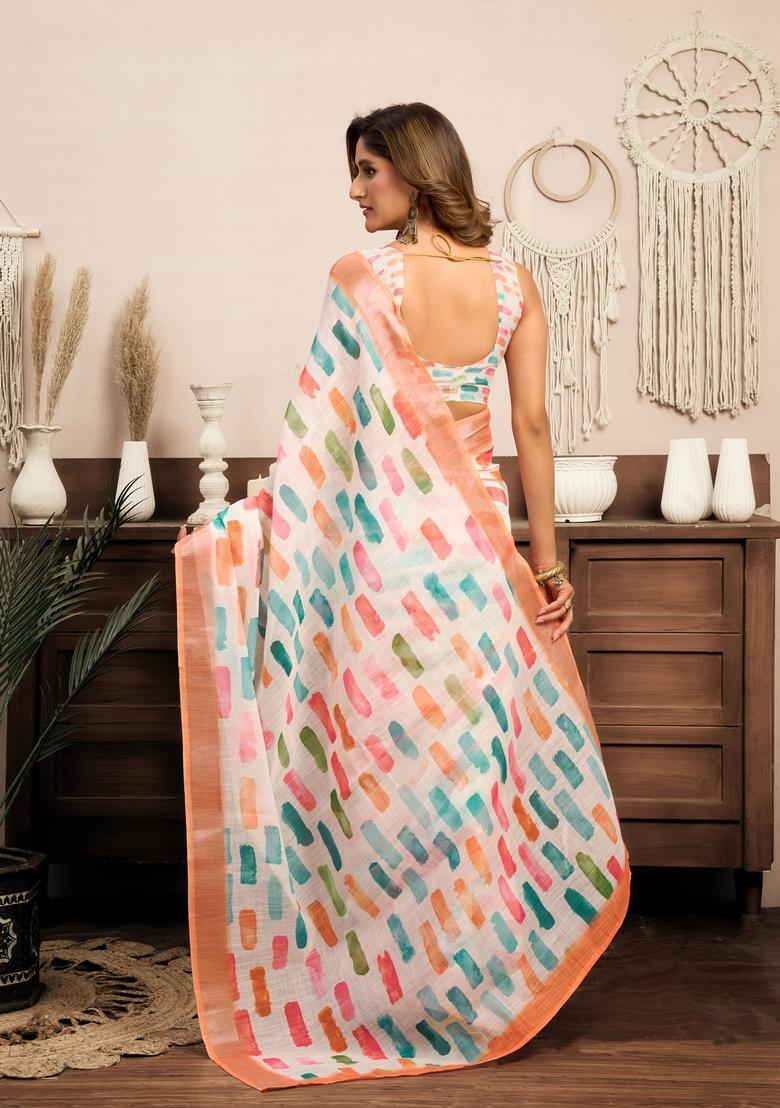 White Printed Linen Saree Set - Indya