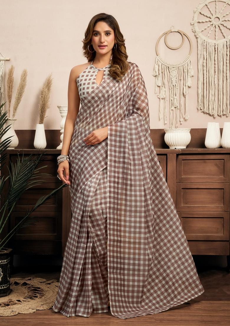 Brown Printed Linen Saree Set - Indya